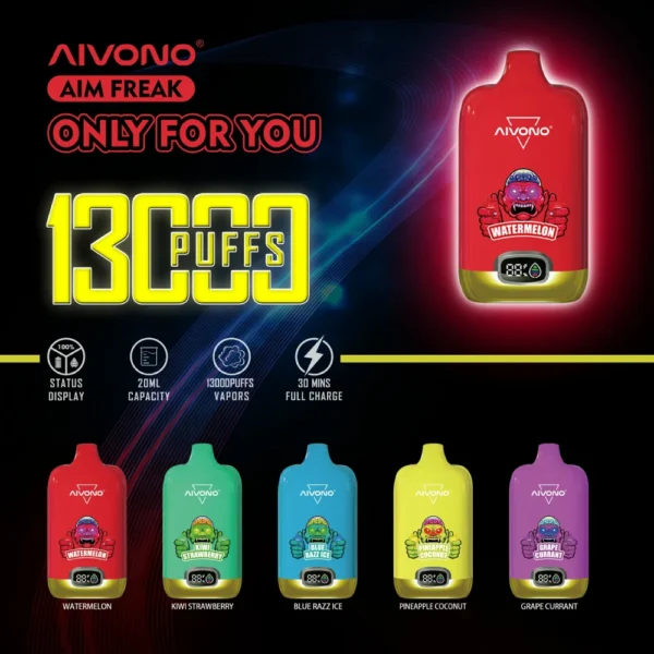 AIVONO AIM FREAK 13000 Puffs Tela Digital 0% 2% 3% 5% Caneta Vapes Descartáveis ​​Recarregáveis ​​com Baixa Nicotina em Massa Comprar Atacado - WhizVape - 1