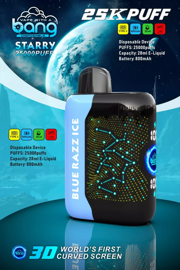 Bang Starry 25000 Puffs 3D Curved Screen 0% 2% 3% 5% Επαναφορτιζόμενη μίας χρήσης στυλό Vapes χαμηλής περιεκτικότητας σε νικοτίνη Μαζική Αγορά Χονδρικής - WhizVape - 13