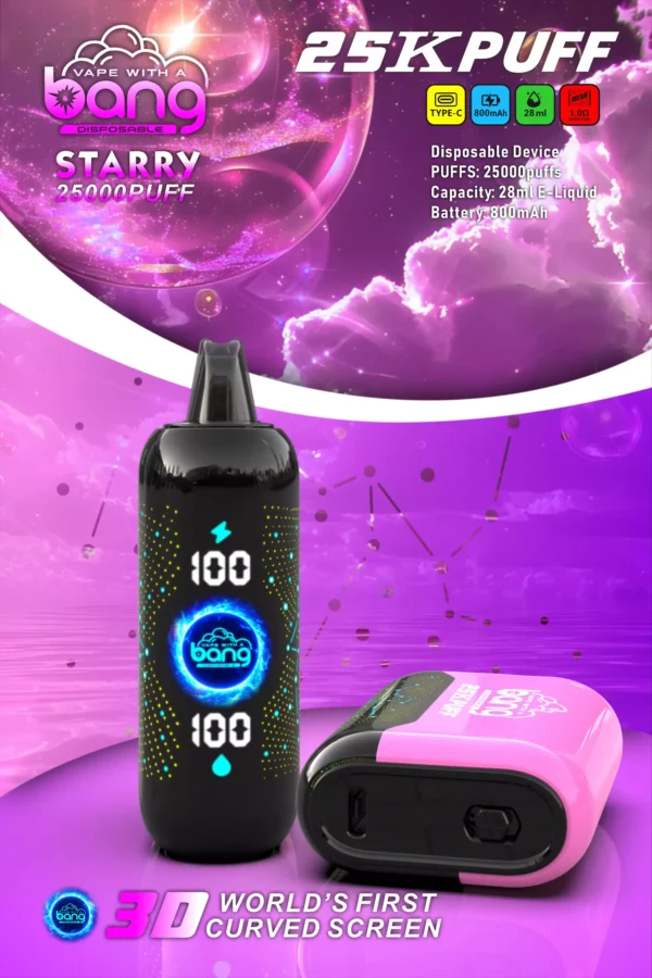 Bang Starry 25000 Puffs 3D Curved Screen 0% 2% 3% 5% Χαμηλής νικοτίνης επαναφορτιζόμενη μίας χρήσης στυλό Vapes Μαζική Αγορά Χονδρικής - WhizVape - 7
